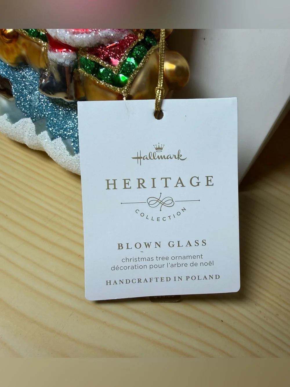 Hallmark Heritage Blown Glass Folk Art Santa Tree Ornament Reindeer Tags & Box